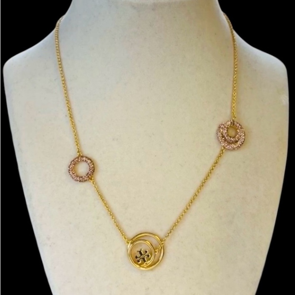 New Auth. Tory Burch Miller Rings Necklace in gold and pink with Tag